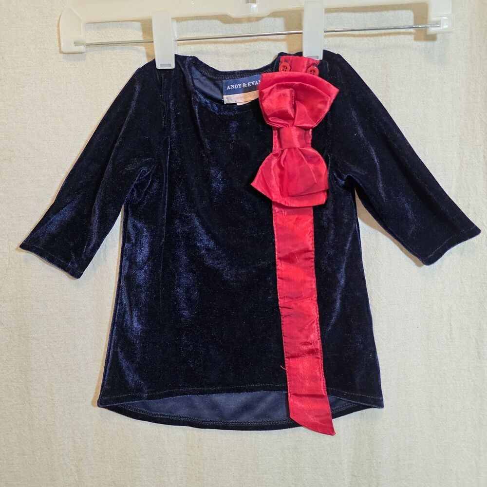 Andy & Evan Navy Velvet Top Red Satin Bow Holiday Portrait Baby Girl 12 - 18 M